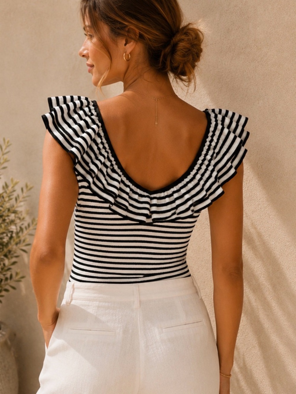 Sézane La Maille Navy & Ivory Striped Ruffle Sleeve Knit Bodysuit XXL NWT - Picture 2 of 7